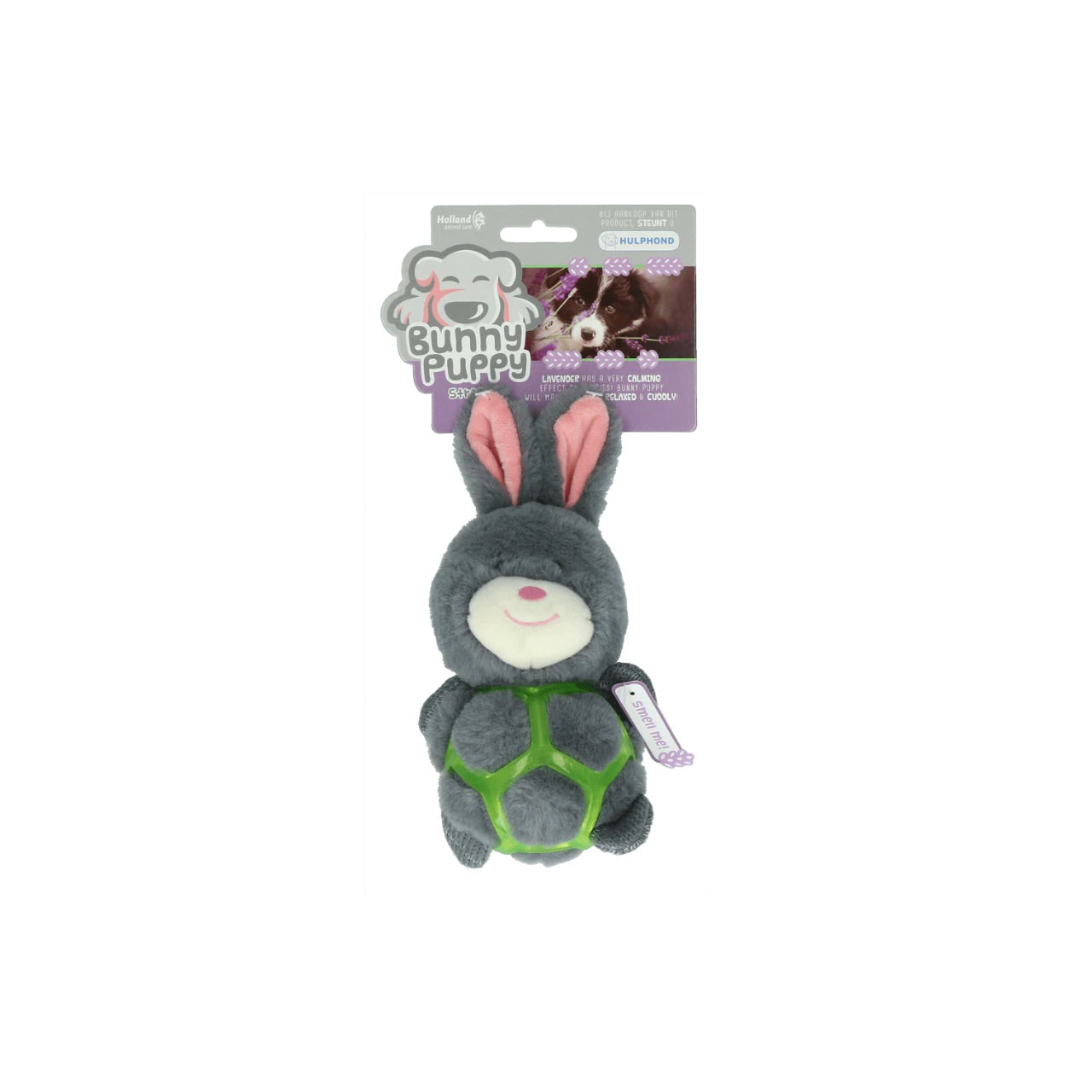 “Bunny Puppy Strappy – superzachte hondenknuffel met pieper & lavendel. Duurzaam, kalmerend en steunt Hulphond Nederland. Perfect voor pups!”