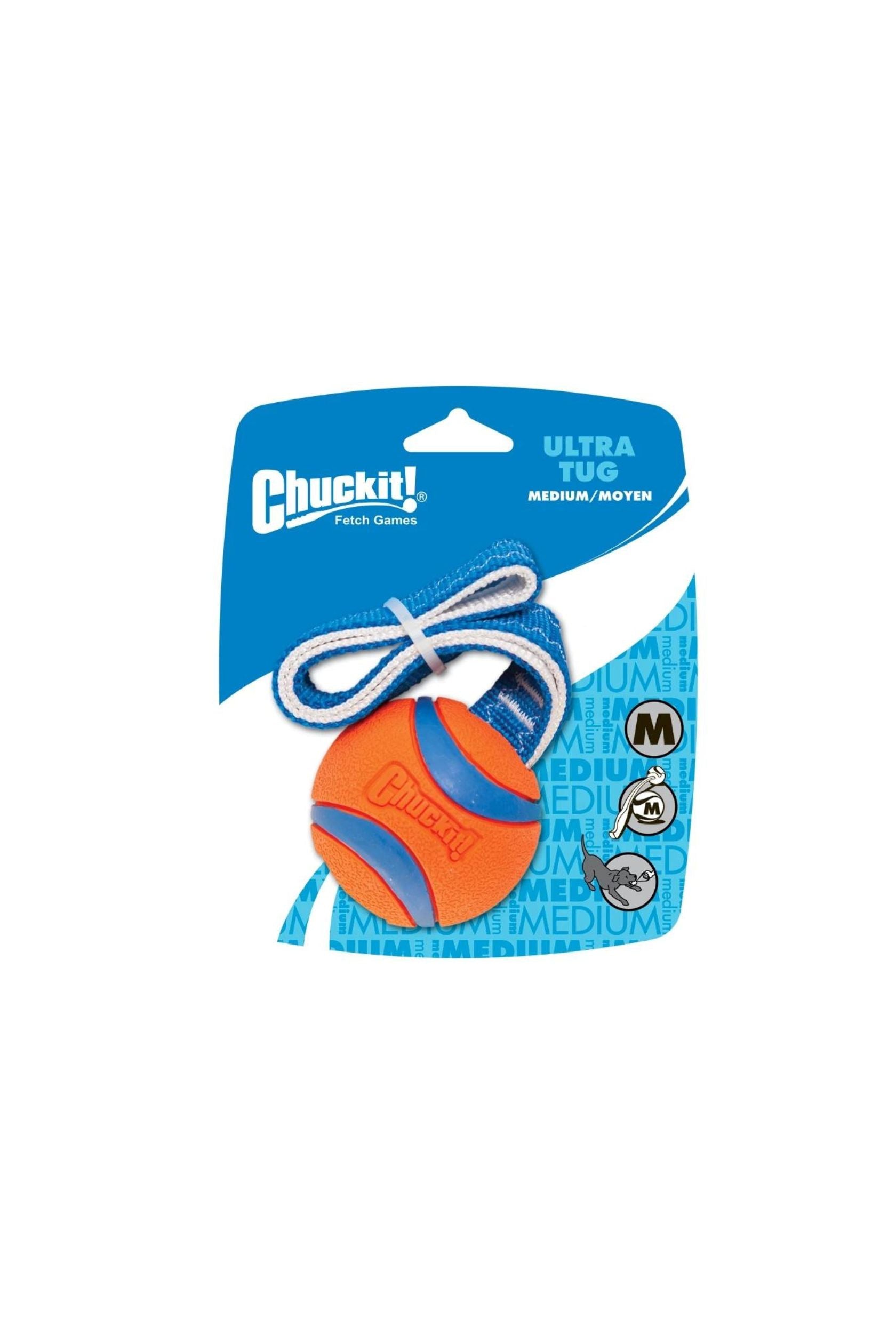 “Chuckit! Ultra Tug – sterke apporteerbal met trekband. Perfect om te gooien en trekken. Duurzaam, waterbestendig en verkrijgbaar in 3 maten.”