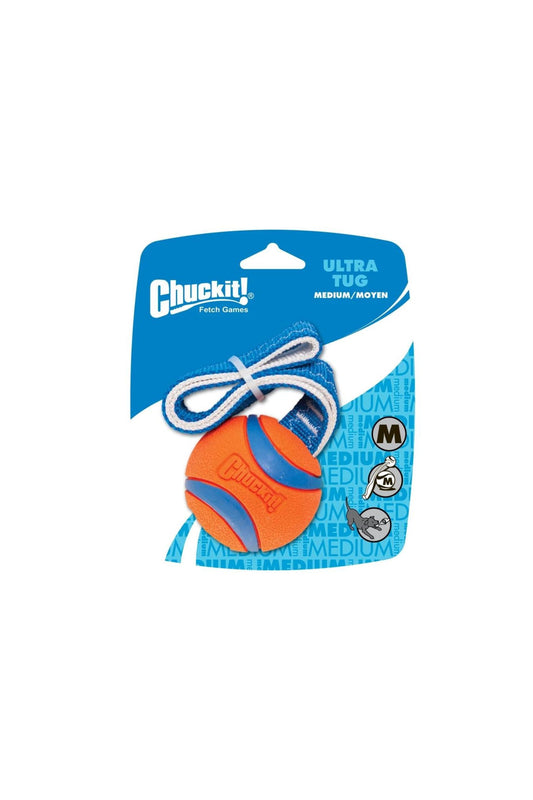 “Chuckit! Ultra Tug – sterke apporteerbal met trekband. Perfect om te gooien en trekken. Duurzaam, waterbestendig en verkrijgbaar in 3 maten.”