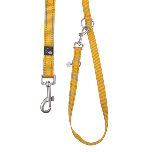 Dogs Trainingsriem Anam Cara – duurzame nylon hondenriem in goudgeel, verstelbaar in 3 lengtes. Ideaal voor wandelen en training, met reflecterende details voor extra veiligheid.