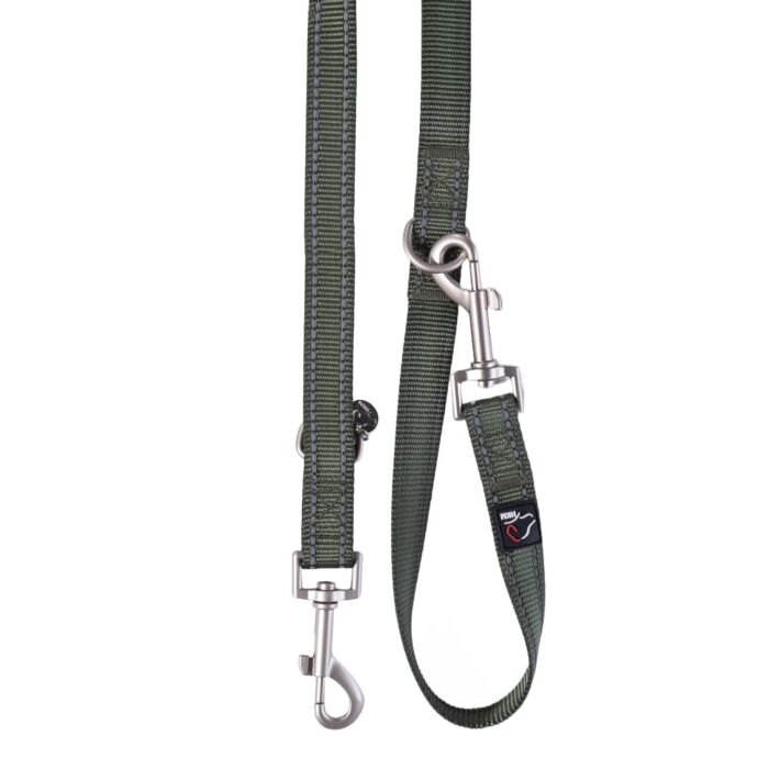 Dogs Trainingsriem Anam Cara – duurzame nylon hondenriem in olijf, verstelbaar in 3 lengtes. Ideaal voor wandelen en training, met reflecterende details voor extra veiligheid.