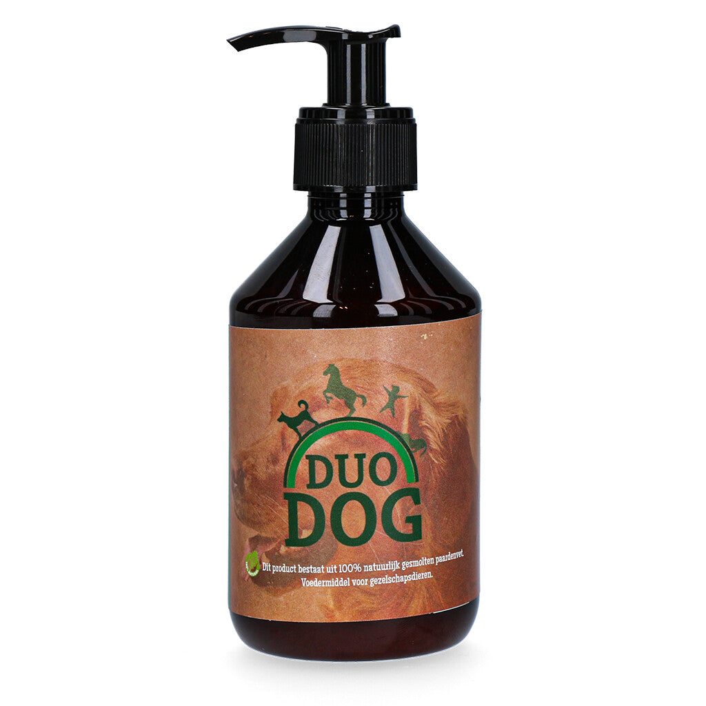 “Duo Dog Paardenvet – 100% natuurlijk supplement voor honden. Rijk aan Omega 3, 6 & 9. Ondersteunt huid, vacht, energie en eetlust.”