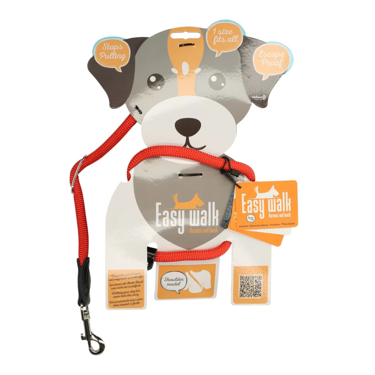 Easy Walk Schoudermodel Mini: innovatief hondentuig en hondenriem in één. Helpt trekken voorkomen, comfortabel voor hond en baasje. Lengte riem 210 cm.