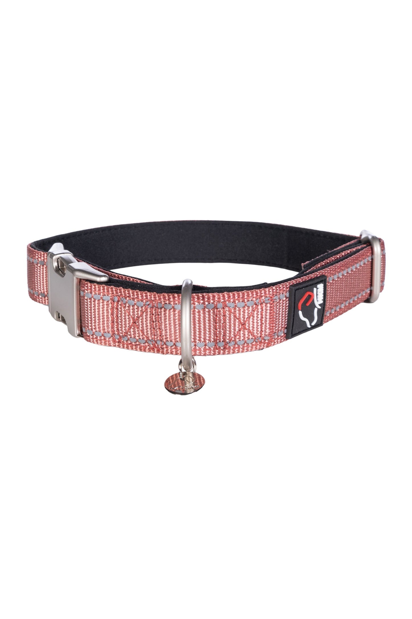Stijlvolle hondenhalsband Anam Cara van sterk nylon in terracotta. Traploos verstelbaar, reflecterend en comfortabel met softopreen. Verkrijgbaar voor kleine en grote honden. Bestel bij Livin Dog Shop.