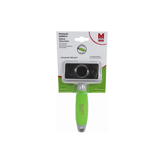 Moser Slicker Borstel Medium – Effectieve ontviltingsborstel met ergonomische gelgrip. Verwijdert klitten en losse haren bij kleine honden en katten.