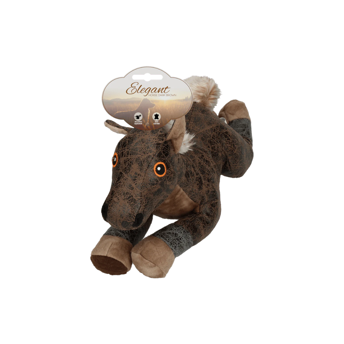 Elegant Horse Bruin hondenspeelgoed kopen? Luxe knuffel van skai leer, fleece en pluche met pieper voor speelplezier. Dubbel gestikt en duurzaam. Formaat 37 cm.